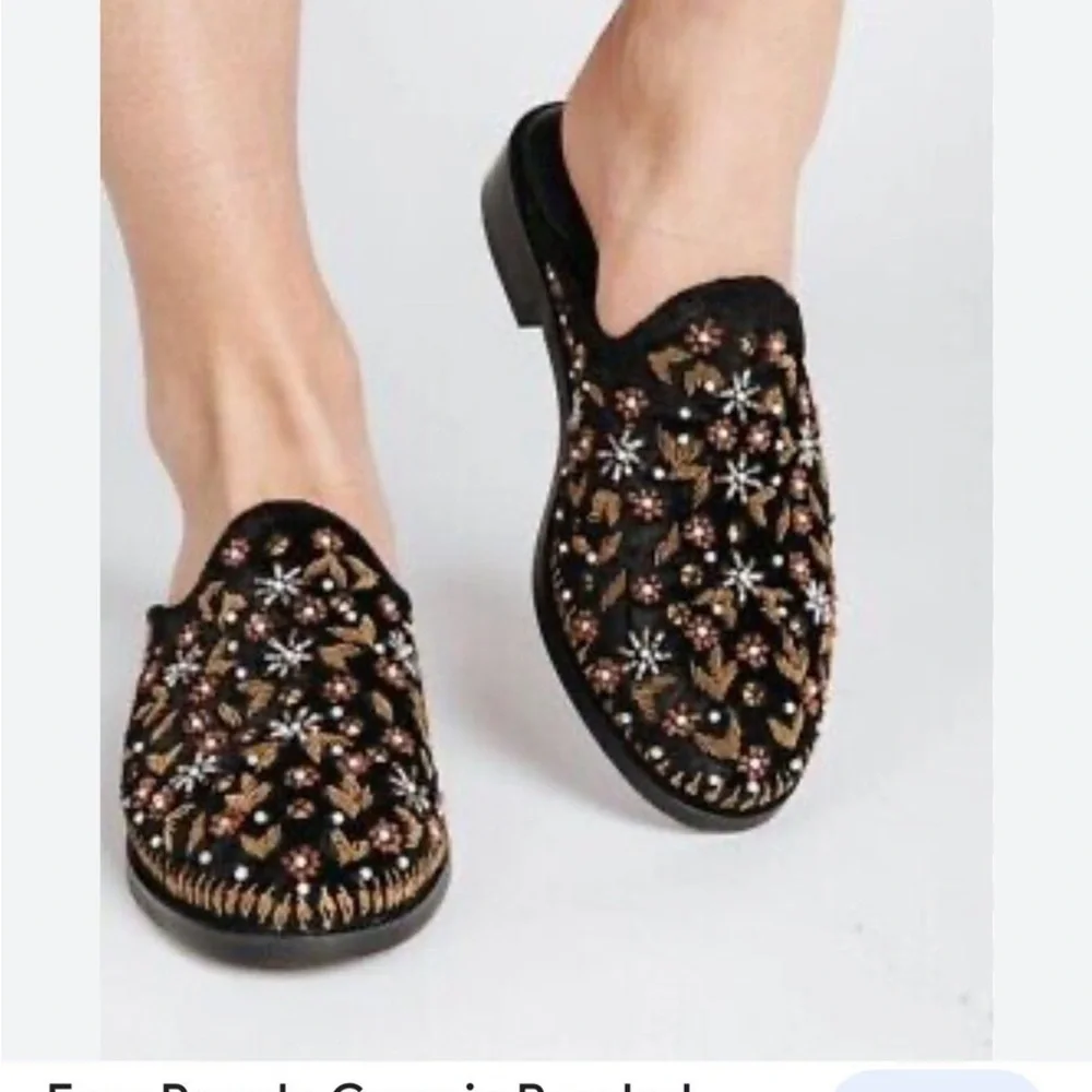 Free People black beaded/studded velvet slip on loafer mules 38(7.5)